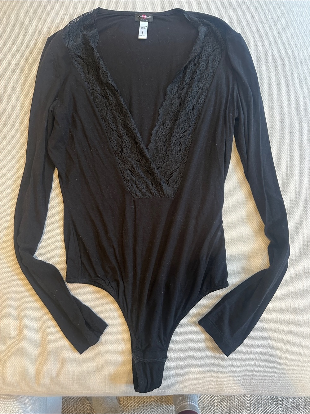Cosabella Black Lace-Trim Deep V Long-Sleeve Bodysuit